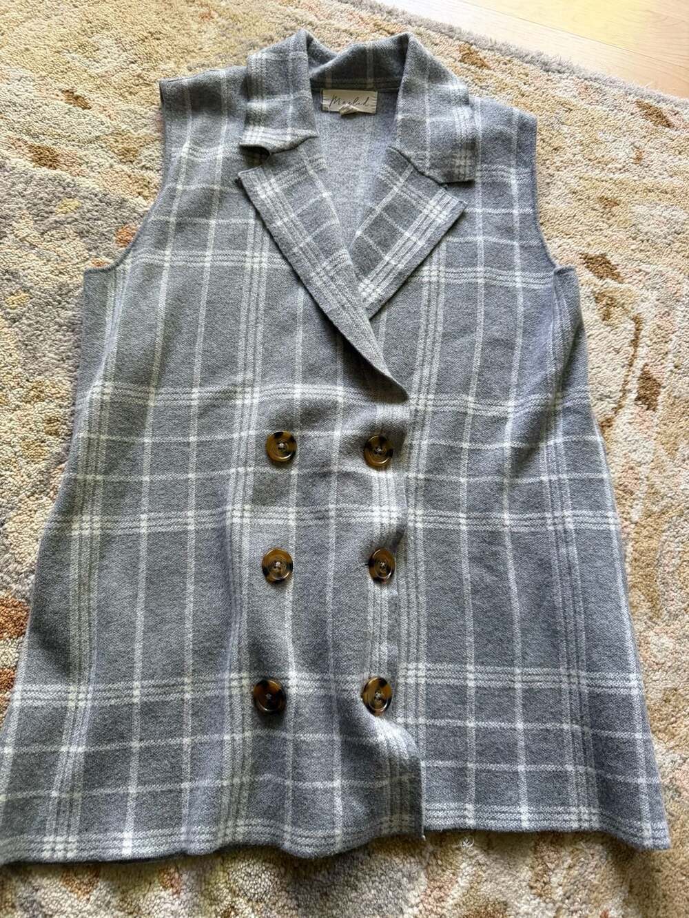 Marled Grey Plaid Double Breasted Knit Sweater Vest Size L
